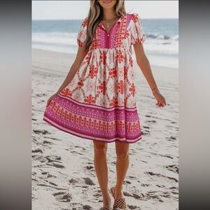 Short Sleeve Printed Lace Up Dress